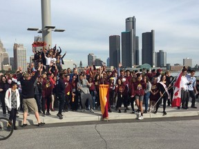 An estimated 600 Catholic Central High School and three feeder schools gather around the Great Canadian flagpole on the Windsor riverfront as part of their participation in the Terry Fox School Run/Walk event on Sept. 27, 2018.