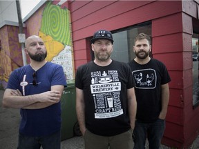 From left, Ian Phillips, formerly of Pogos and Snack Bar-B-Q, Tom Lucier, owner of Phog Lounge, and Josh Olsen, owner of the Windsor Beer Exchange, pictured Wednesday, Sept. 5, 2018 in the alley next to Phog Lounge. They are fed up with the recent increase in crime in the downtown core and are planning on being more visible in the late night hours in order to tackle it.
