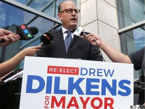 "Running on my record." Mayor Drew Dilkens, shown speaking during a news conference on Friday, Sept. 21, 2018, in downtown Windsor, announced his campaign strategy regarding taxes.