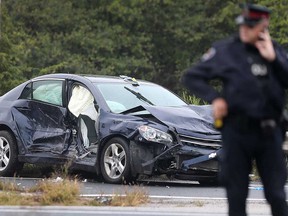 The wreckage of one of four vehicles involved in a serious collision on Windsor's E. C. Row Expressway on Sept. 10, 2018.