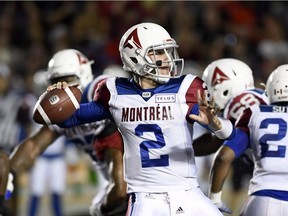 Montreal Alouettes quarterback Johnny Manziel passes during first half against the Ottawa Redblacks in Ottawa on Aug. 11, 2018.