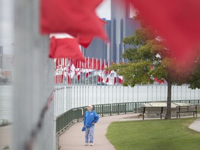 Jack Ottogalli, from Windsor, stops on Sept. 24, 2018, to take in the 131 flags, including 128 Maple Leafs, flying along the riverfront, part of the Flags of Remembrance.