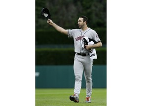 Houston Astros starting pitcher Justin Verlander acknowledges the fans at Comerica Park after he was introduced before a baseball game against the Detroit Tigers, Monday, Sept. 10, 2018, in Detroit.