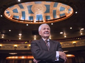 FILE - In a Friday, March 4, 2016 file photo, Michigan Opera Theatre artistic director David DiChiera stands inside the Detroit Opera House in Detroit. Musician David DiChiera, who championed opera's role in reviving downtown Detroit and directed several opera organizations nationwide, died Tuesday, Sept. 18, 2018 of pancreatic cancer. He was 83.