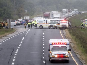 Emergency units including multiple ambulances respond to a serious multi-vehicle crash on the E. C. Row Expressway in Windsor between Lauzon Parkway and Banwell Road on Sept. 10, 2018.