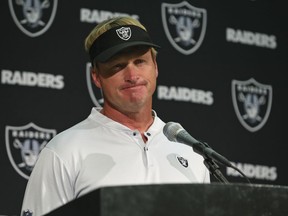 Oakland Raiders head coach Jon Gruden answers questions during a news conference after an NFL football game against the Los Angeles Rams in Oakland, Calif., Monday, Sept. 10, 2018. Los Angeles won the game 33-13.