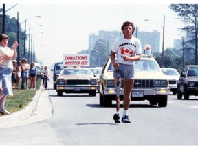 Terry Fox is seen during his Marathon of Hope run across Canada to raise money for cancer research.