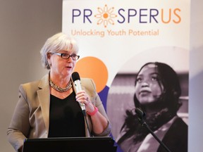 Janice Kaffer, president and CEO of Hotel-Dieu Grace Healthcare and co-chair of the ProsperUs Cradle to Career Community organization, speaks at a press conference on Sept. 14, 2018 at MacKenzie Hall in Windsor.