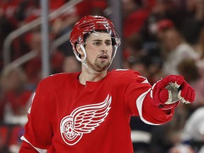 In this April 7, 2018, file photo, Detroit Red Wings center Dylan Larkin gives directions against the New York Islanders during overtime in an NHL hockey game in Detroit. Larkin has suddenly become a veteran at the age of 22 for the rebuilding Red Wings.