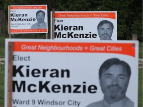 Election signs for Kieran McKenzie's Windsor city council campaign are shown along Howard Avenue in Ward 9 on Sept. 12, 2018.