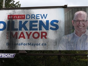 Mayor Drew Dilkens said police would be contacted after a billboard for his 2018 re-election campaign was vandalized recently. The billboard on Dougall Avenue near E.C. Row is shown on Sept. 21, 2018.