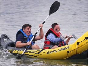 John Fairlie and Marybeth Jakowiec have some fun trying out a new inflatable kayak near the Lakeview Park Marina in Windsor, ON. on Thursday, Sept. 13, 2018.