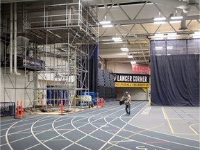 A section of scaffolding is shown assembled inside the University of Windsor's St. Denis Centre field house on Oct. 5, 2018.