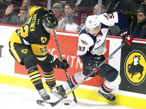 Windsor Spitfire Jean-Luc Foudy, right, draws a penalty against Hamilton Bulldog Nicolas Mattinen in OHL action at the WFCU Centre in Windsor on Oct. 7, 2018.