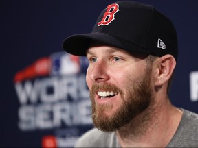 Chris Sale of the Boston Red Sox speaks with the media during media availability ahead of the 2018 World Series between the Los Angeles Dodgers and the Boston Red Sox at Fenway Park on Oct. 22, 2018 in Boston.