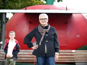 Hilda MacDonald poses at Leamington's big tomato after winning the election for mayor October 23, 2018.