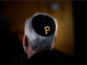 Rabbi Jeffrey Myers of the Tree of Life synagogue speaks to reporters outside the Tree of Life Congregation October 29, 2018 in Pittsburgh, Pennsylvania. - US President Donald Trump will visit Pittsburgh on Tuesday, October 30, 2018 to show support after a gunman killed 11 people in a massacre at the synagogue.