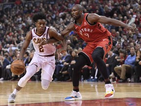 Cleveland Cavaliers guard Collin Sexton (2) drives towards the basket as Toronto Raptors forward Serge Ibaka (9) defends during second half NBA basketball action in Toronto on Wednesday, October 17, 2018.