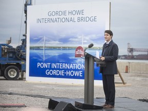 Prime Minister Justin Trudeau gives remarks at an event celebrating the official start of construction on the Gordie Howe International Bridge on Oct. 5, 2018.