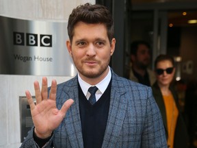 Singer Michael Buble is seen in London after doing an interview on the Chris Evans BBC Radio 2 Breakfast Show, Sept. 28, 2018. (WENN.com)