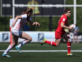 Canada's Ghislaine Landry looks for an opening against England during quarter-final action at the HSBC Canada Women's Sevens at Westhills Stadium in Langford, B.C., on Sunday, May 28, 2017. While the Canadian men's sevens side buts heads with Rugby Canada, the Canadian women open their season Saturday in Glendale, Colo.