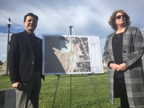 Amico Properties proposed in 2018  a $120-million riverfront development at the former Duffy's Tavern location in Amherstburg, featuring a hotel and condos. Pictured are Amherstburg Mayor Aldo DiCarlo and Amico vice-president of development Cindy Prince.