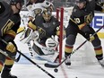 Vegas Golden Knights goaltender Marc-Andre Fleury defends his goal against the Anaheim Ducks during the first period of an NHL game Saturday, Oct. 20, 2018, in Las Vegas.