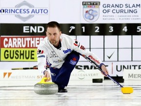 Skip Brad Gushue of St. John's prepares to throw a rock during the men's final in the Grand Slam of Curling's Princess Auto Elite 10 tournament at Thames Campus Arena in Chatham, Ont., on Sunday, Sept. 30, 2018. Mark Malone/Chatham Daily News/Postmedia Network