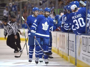 Toronto Maple Leafs' Nazem Kadri, centre, celebrates his first period goal against the Detroit Red Wings during the first period of their NHL pre-season hockey game Sept. 28, 2018, in Toronto. The owner of back-to-back 32-goal seasons with Toronto, Kadri has failed to find the back of the net through eight games this season despite his team's top-ranked offence.