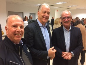 Marc Bondy (centre) is pictured with former mayor Vince Marcotte (left) and outgoing Mayor Ken Antaya at the Vollmer Centre in LaSalle.