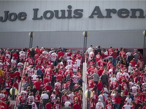 Fans pour into Joe Louis Arena one last time at the final Red Wing game at that location, April 9, 2017.