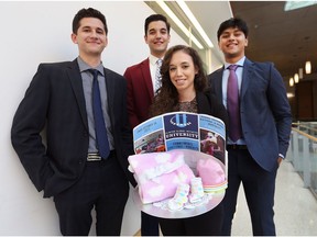 University of Windsor students Catalin Gramisteanu, left, Bilal Soufan, Dominique Ferrarelli and Nasyr Malik are shown with some care kit items that will be sent to new mothers in Guatemala.