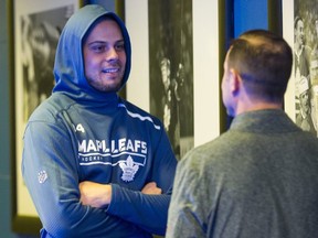 Toronto Maple Leafs Auston Matthews, who is out with a shoulder injury, chats outside of the locker room following a Leafs skate at the Scotiabank Arena in Toronto on Monday October 29, 2018. Ernest Doroszuk/Toronto Sun