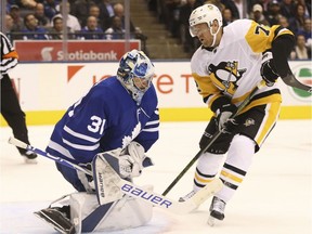 Toronto Maple Leafs Frederik Andersen G (31) stops the play in front of Pittsburgh Penguins Patric Hornqvist RW (72) during the second period in Toronto on Thursday October 18, 2018. Jack Boland/Toronto Sun/Postmedia Network