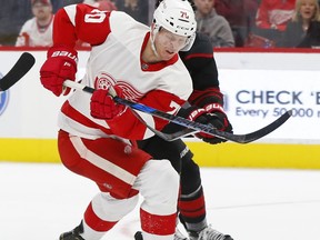 Carolina Hurricanes defenseman Dougie Hamilton hooks Detroit Red Wings center Christoffer Ehn (70) in the second period of an NHL hockey game Monday, Oct. 22, 2018, in Detroit.