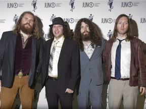 The Sheepdogs poses for a photo on the green carpet at the 2013 Juno Gala, Dinner and Awards in Regina on April 20, 2013. Sheepdogs drummer Sam Corbett (right) says he's been diagnosed with cancer.