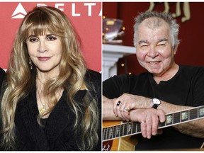 This combination photo shows, from left, Todd Rundgren at AOL's BUILD Speaker Series to promote his album "Global" in New York on May 6, 2015, Stevie Nicks at the 2018 MusiCares Person of the Year tribute honoring Fleetwood Mac in New York on Jan. 26, 2018, John Prine in his office in Nashville, Tenn., on June 20, 2017 and Janet Jackson at the 2018 Essence Festival in New Orleans on July 8, 2018, who are among the 15 acts nominated to the Rock and Roll Hall of Fame. Nicks is already in as a member of Fleetwood Mac, but this time will be considered as a solo act. (AP Photo)