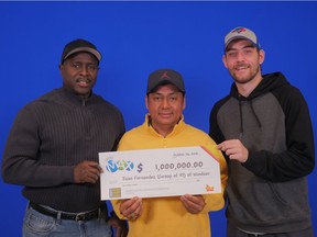 From left: James Kollie Jr., Juan Fernandez, and William Widmeyer - part of a group of 37 Windsor-Essex Lotto MAX players who get to split one million dollars that they won via a Maxmillions draw in June 2018. Photo courtesy of the Ontario Lottery and Gaming Corporation. (Handout / Windsor Star)