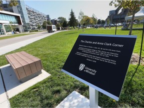 The Charles and Anna Clark Corner, a new parkette located at Sunset Avenue and Wyandotte Street on the campus of the University of Windsor is shown on Oct. 9, 2018. A ceremony was held to recognize the Clark family's history of volunteer leadership in the City of Windsor and at the University.
