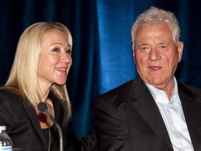 Magna International Inc. chairman Frank Stronach (right) and executive vice-chair Belinda Stronach chat at the company's annual general meeting in Markham, Ontario on Thursday May 6, 2010. (THE CANADIAN PRESS/Frank Gunn)