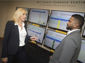 Theresa Morris, left, director of emergency services at Windsor Regional Hospital, works with Sheraz Thomas, SOP coordinator, in the command centre, where staff can track flu cases to make better use of beds and resources, Wednesday, Oct. 24,  2018.
