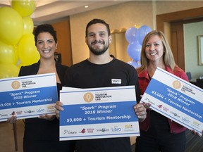 Winners of the Tourism Innovation Spark grant, from left, Amy Saba, owner of Crafted on the Riverfront, Michael Difazio, owner of Michael Difazio Reclaim Artistry, and Jen Desjardins-Grondin, co-owner of GL Heritage Brewing Co., attend a press event at Caesars Windsor, Thursday, Oct. 25,  2018.