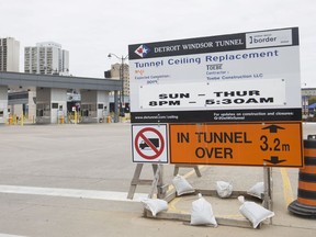 A Detroit Windsor Tunnel closure sign is pictured Monday, October 29, 2018.  The completion date has been extended.