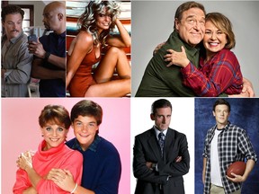 (Clockwise L-R) Clayne Crawford and Damon Wayans in Lethal Weapon; Farrah Fawcett; John Goodman and Roseanne Barr; Cory Monteith; Steve Carell and Valerie Harper and Jason Bateman.