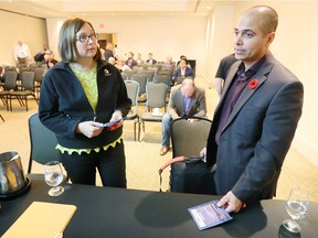 Shelley Fellows, left, VP communications Radix Inc., and Jonathon Azzopardi, president of Laval, chat during Emerging Technologies in Automation Conference and Trade Show presented by WindsorEssex Economic Development Corporation at Caesars Windsor Nov. 6, 2018.