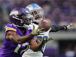 Darius Slay #23 of the Detroit Lions pressures Aldrick Robinson #17 of the Minnesota Vikings into an incomplete pass at U.S. Bank Stadium on Nov. 4, 2018 in Minneapolis, Minnesota.