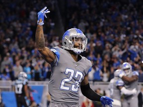 Darius Slay #23 of the Detroit Lions celebrates a win over the Carolina Panthers at Ford Field on November 18, 2018 in Detroit, Michigan. Detroit defeated Carolina 20-19.