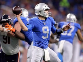 Quarterback Matthew Stafford #9 of the Detroit Lions threw two interceptions in the fourth quarter to open the door for the Chicago Bears' 23-16 win at Ford Field on Thursday.