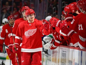 Gustav Nyquist of the Detroit Red Wings celebrates his third period gaol with teammates while playing the Vancouver Canucks at Little Caesars Arena on Nov. 06, 2018 in Detroit, Michigan. Detroit won the game 3-2 in a shootout.