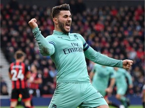 Sead Kolasinac of Arsenal celebrates his team's second goal during the Premier League match between AFC Bournemouth and Arsenal FC at Vitality Stadium on November 25, 2018 in Bournemouth, United Kingdom.